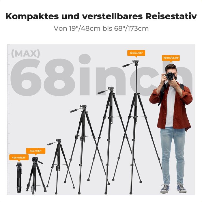Штатив K&F Concept S255A3+BV01: Легкий штатив з сумкою, для камери/DSLR/відеокамери, з підтримкою смартфонів та планшетів (172 см)
