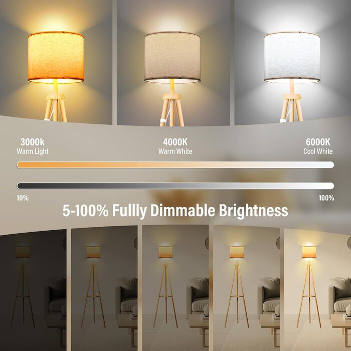 Стельова лампа для вітальні з полицею, дерев'яна LED-стійка лампа з регулюванням яскравості, тринога, 3 колірні температури, таймер на 30/60 хвилин, абажур, вимикач на корпусі для вітальні, спальні, офісу.