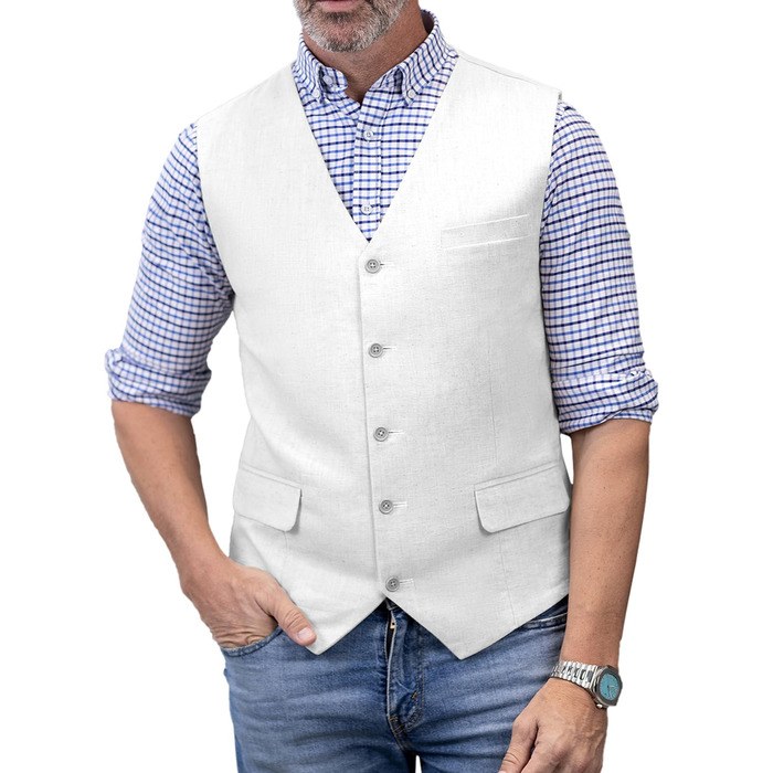 Елегантна жилетка для чоловіків Solovedress: літня жилетка з льону для весілля та свят, білий колір, розмір M