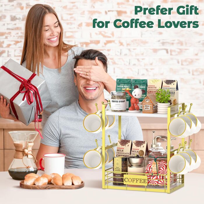 EsLuker.ly 2-Tier Mug Holders and Cup Stands, Mug Shelf for Coffee Cups, Coffee Organizer for Countertop, Coffee Station Organizer with Mug Holder, Vintage Brown-Black (14