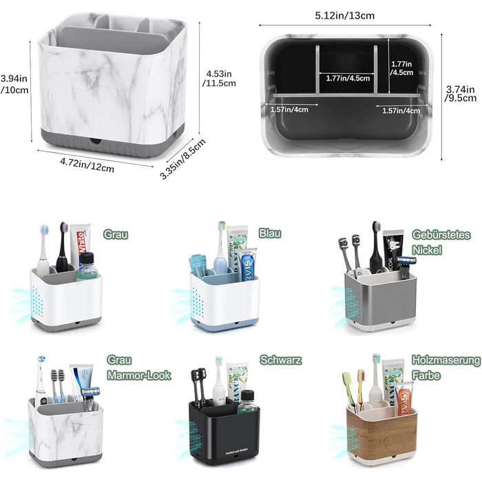 Тримач для зубних щіток електричної, з дренажними отворами, з імітацією текстури дерева, органайзер для зубних щіток на 4 щітки, легкий у чищенні, для ванної кімнати (сірий мармур, середній)