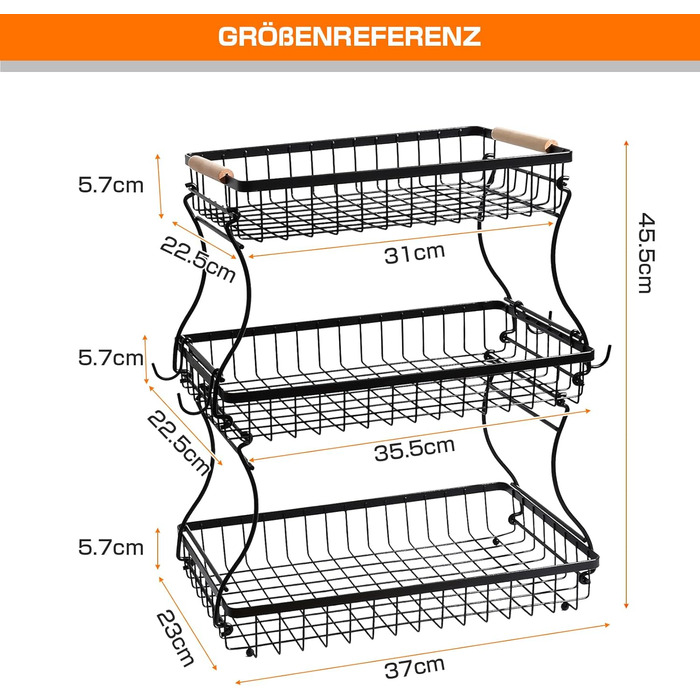 Металева фруктова корзина GMISUN з 3 ярусами та підставкою для бананів, чорна, сучасний дизайн. Підходить для зберігання фруктів, овочів та закусок. Велика місткість, 3 яруси.