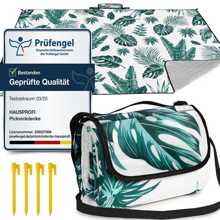 Плед для пікніка HAUSPROFI 200x300 см, водонепроникний, ізольований, зелений з квітковим малюнком. Для пляжу, кемпінгу, з ручкою та кілочками