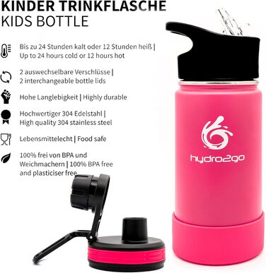 Stainless Steel Kids' Water Bottle - BPA-Free Thermos Flask with 2 Leak-Proof Caps (Straw & Sports) - 350ml (Pure Pink)