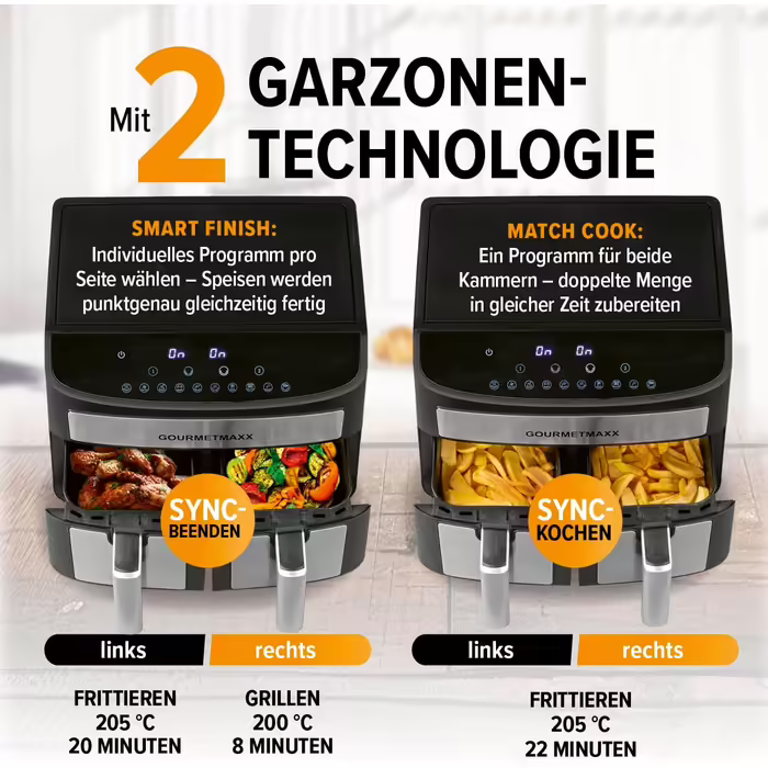 Gourmetmaxx Double Chamber Hot Air Fryer 2x 3.5L - Stainless Steel | Air Fryer with Synchro Cooking Zones, Timer Function & Touch Display | Energy-Saving Frying | 10 Programs | 2400 Watts Stainless Steel / Black 2x 3.5 Liters
