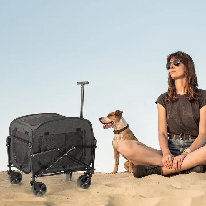Транспортер для собак на колесах, велика візок для собак та котів до 18 кг (Чорний, Сірий)