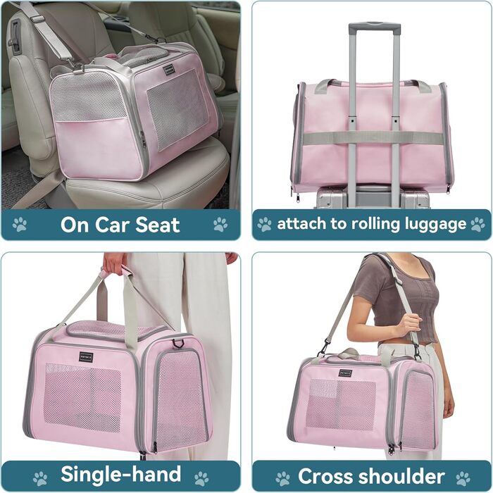 Транспортна переноска для котів та маленьких собак Petfit, рожева, L, з ремінним кріпленням та розкладною матрацом