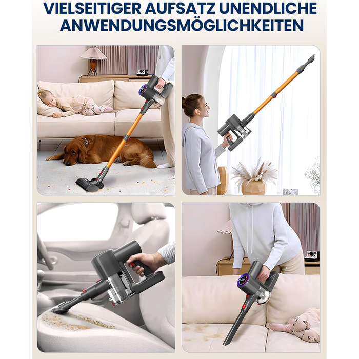 Бездротовий акумуляторний пилосос DP2 з подвійним акумулятором, 45KPa, 60 хвилин роботи, 500W, LED-дисплей, телескопічна труба, вертикальне зберігання, світло GreenEye, ідеальний для шерсті тварин/килимів/твердих підлог, золотий