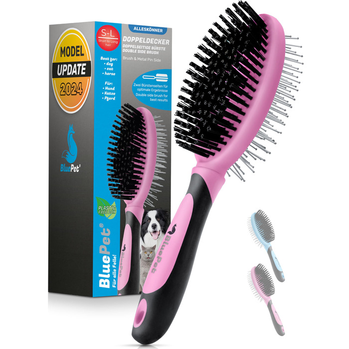 Щітка для собак BluePet 2 в 1 для довгої та короткої шерсті, для цуценят та котів. Розчісує, розплутує, вичісує. Універсальна щітка з щетиною (Рожева, M-L)