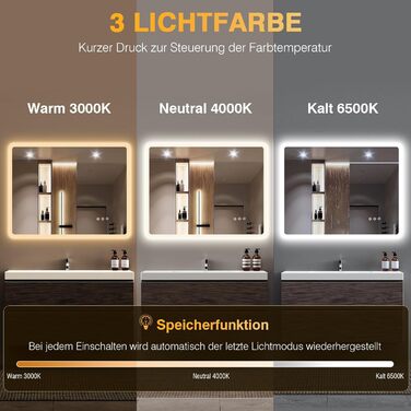 Дзеркало для ванної кімнати з підсвічуванням 80 x 60 см, 3 кольори, регульована яскравість, антизапар, 3x збільшення, розетка для бритви, IP44, для горизонтального/вертикального монтажу