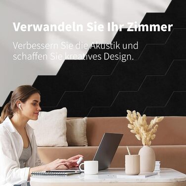 Акустичні гексагональні панелі самоклейні для звукоізоляції стін та дверей, 1.4м², 36 шт, чорні (230кг/м³, NRC 0.95, 100% поліестер)