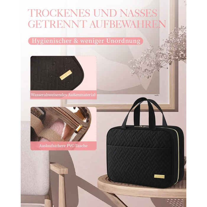Водонепроникна косметичка для жінок HOTORKulturtasche з гачком – містка дорожня косметичка для подорожей, 29.0 x 23.0 x 8.5 см, чорна
