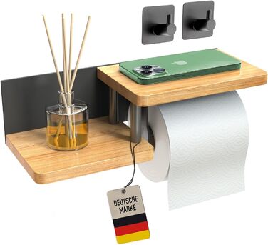 No-Drill Toilet Paper Holder with Towel Bars & Shelf - Stainless Steel & Bamboo Bathroom Organizer - Black Matte Finish