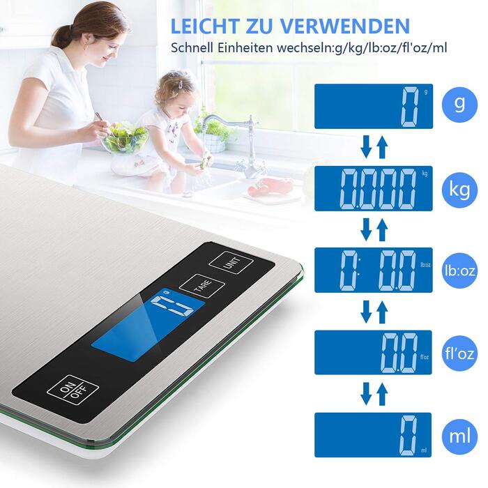 Кухонні ваги NBPOWER Digital 10 кг, електронні ваги з нержавіючої сталі, точність 1 г, сірий/сріблястий колір