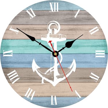 Toudorp Wall Clock Wooden French Country Style Silent Wall Clock Easy to Read Battery Operated Home Decorative Retro Wall Clock (Nautical Stripe Anchor, 12 inches)