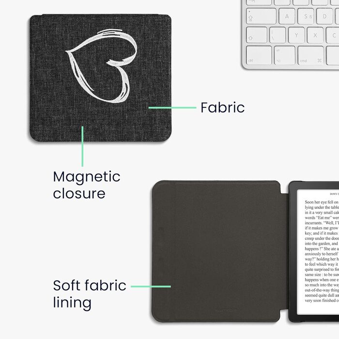 Чохол kwmobile для Tolino Vision 6: тканинний захисний чохол з малюнком серця, сірий (Herz Brush 22)
