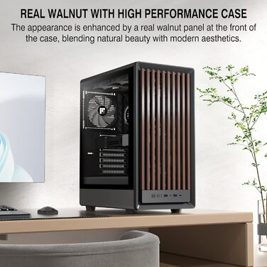 Корпус ПК FOIFKIN M1 з дерев'яною передньою панеллю з горіха, встановлений 4 PWM ARGB вентилятор, Mid-Tower для ігрового ПК, з Type-C, чорний (чорний, M1)