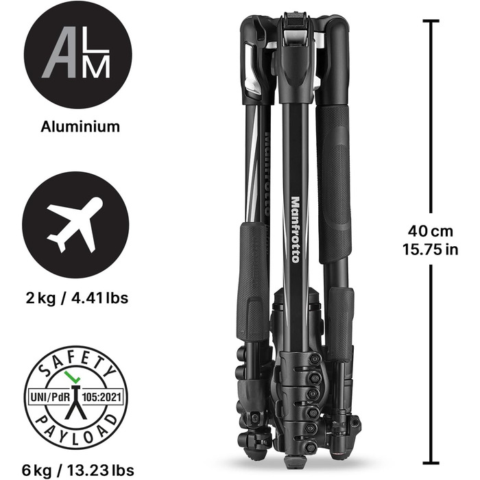 Штатив Manfrotto Befree Advanced 3-Way з тріножкою та fluid head з алюмінію для камер та відеокамер до 6 кг, ультракомпактний, аксесуари для фото та відео