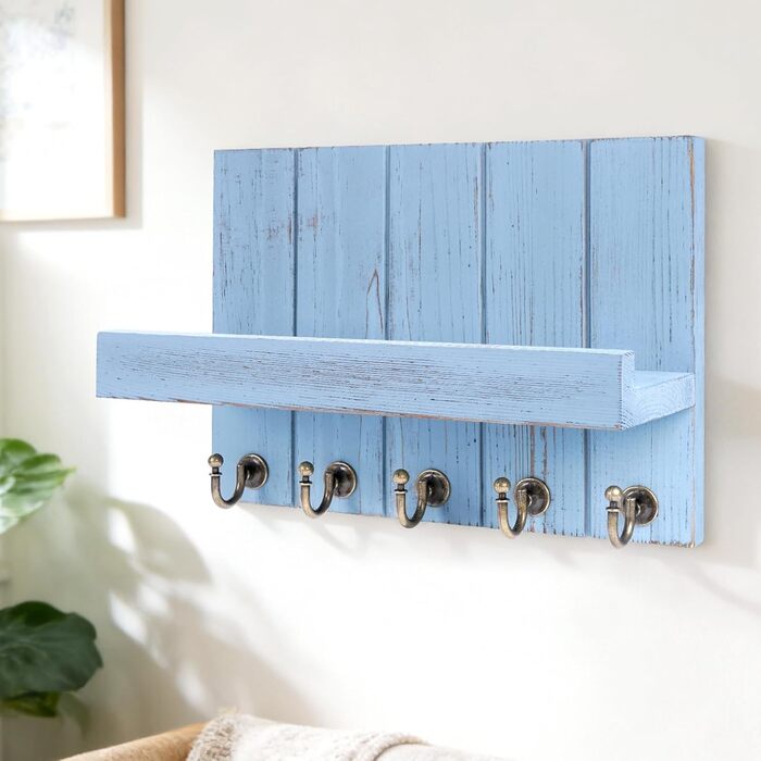 Дерев'яне ключниця з поличкою, 5 гачків, для прихожої, спальні, вітальні (Блакитний)