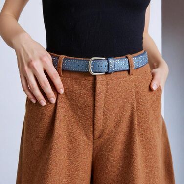 Жіночий шкіряний ремінь 110 см з зірковими застібками, ширина 3.8 см, універсальний для джинсів, суконь, штанів та шортів, регульований, вінтажний, з металевою пряжкою (синій)