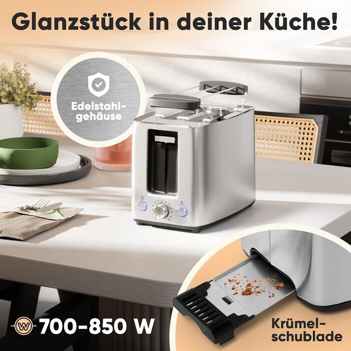 Тостер ProfiCook PC-TA 1244: 2 відділення, широкі слоти, 7 рівнів підсмажування, зйомна крихта, корпус з нержавіючої сталі, сенсорне керування, насадка для тостів