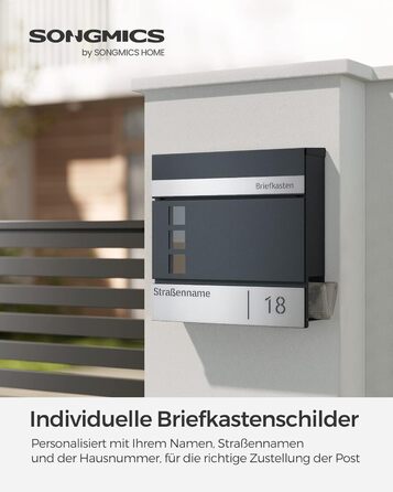Поштовий ящик SONGMICS з персоналізованим гравіюванням, номерний знак, сучасний антрацитово-сріблястий, з замком та вікном для газет