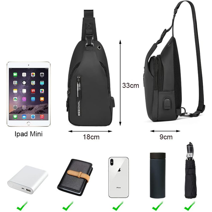 Чоловіча нагрудна сумка-слінг Brusttasche з USB-портом для зарядки, водонепроникна, чорна (#3 B)