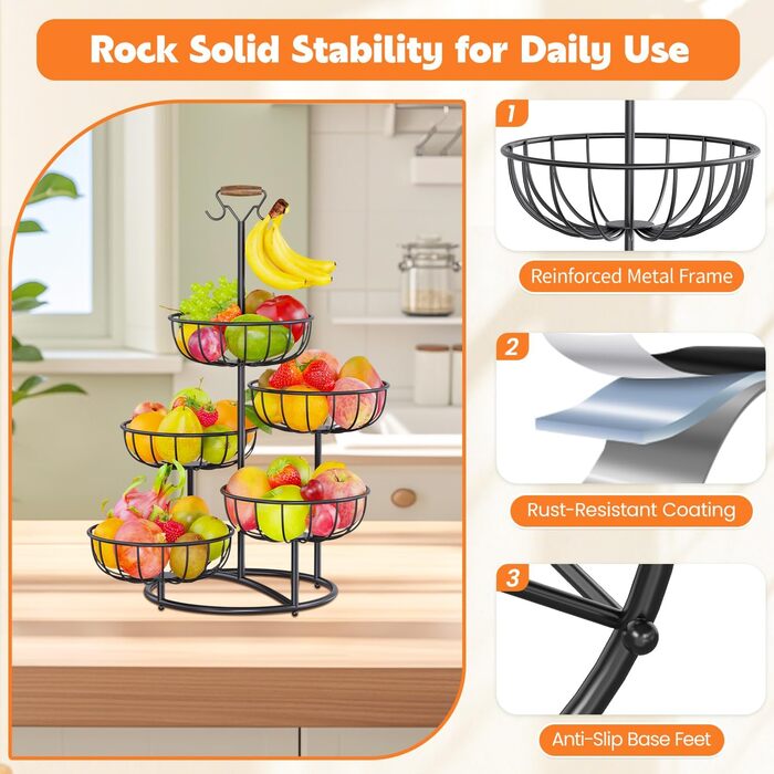 Багатоярусна підставка для фруктів PouHenier.jh – 5 ярусів, чорний колір, з тримачем для бананів. Металева підставка для фруктів та овочів, органайзер для кухні