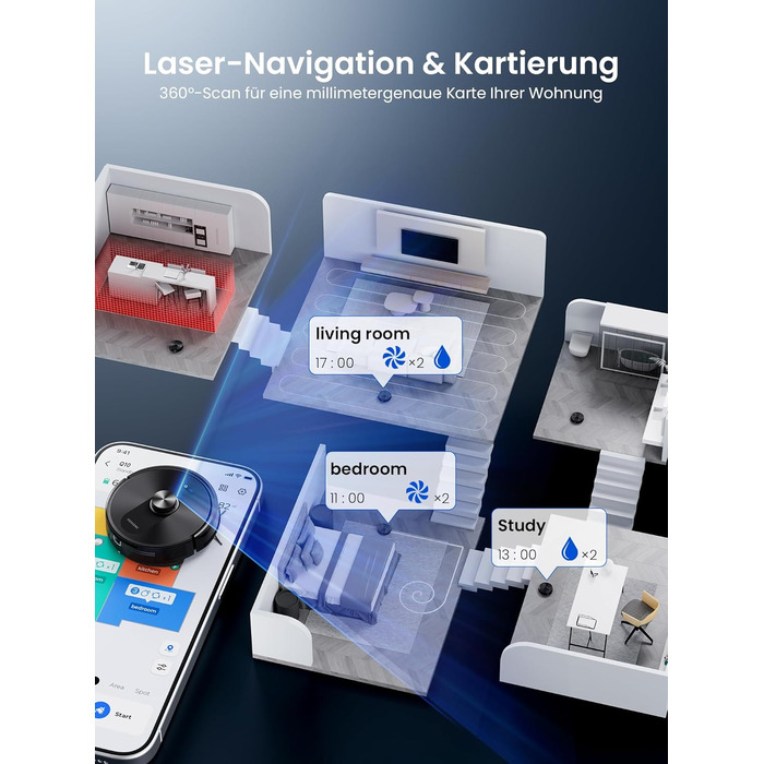 Робот-пилосос Proscenic Q10 з функцією миття, 8000Pa, 200хв, лазерна навігація, керування через додаток, Siri, Alexa, Apple Watch, для підлоги та килимів, чорний