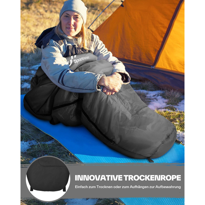 Сплячий мішок Sportneer - компактний та ультралегкий (950г/1500г) - спальний мішок типу 'кокон' для кемпінгу та відпочинку на природі. Підходить для чоловіків, жінок та дорослих (Чорний, літній). 3-4 сезони
