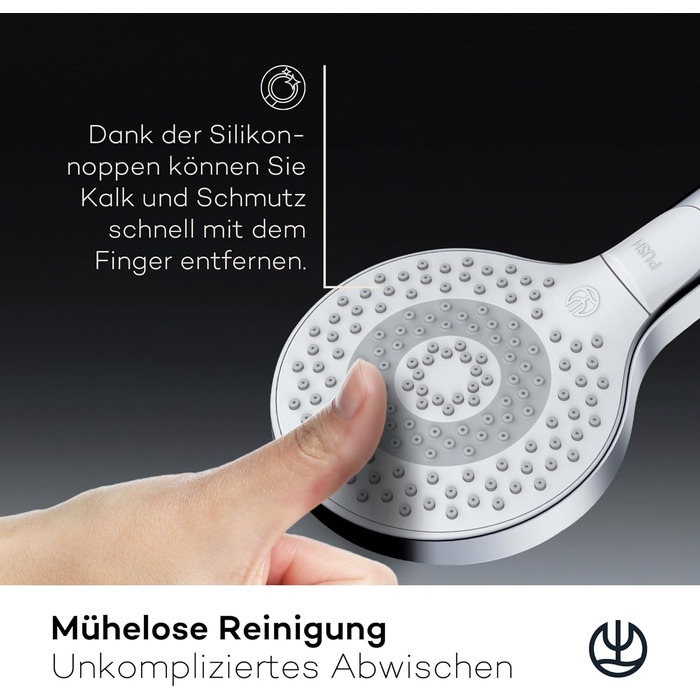 KLUDI-X3 Universal Shower Head with Hose, optional shower spray, water-saving with 3 spray patterns (Body, Hair, Skin), easy-to-clean shower head Ø 11.7 cm, shower hose 1.60 m