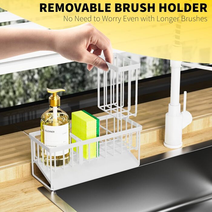 Cisily Kitchen Sink Caddy Organizer with Tall Brush Holder, Sponge Holder for Sink, 304 Stainless Steel, Kitchen Countertop, Soap Dispenser, Organizer, Kitchen Decor and Accessories (White/Opulent Garden)