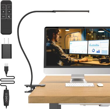 Лампа настільна LED Mojimdo 77 з пультом, 40 см, 3 кольори, 5 рівнів яскравості, гнучкий поворот 360°, USB-зарядка, чорна (70 см висота)