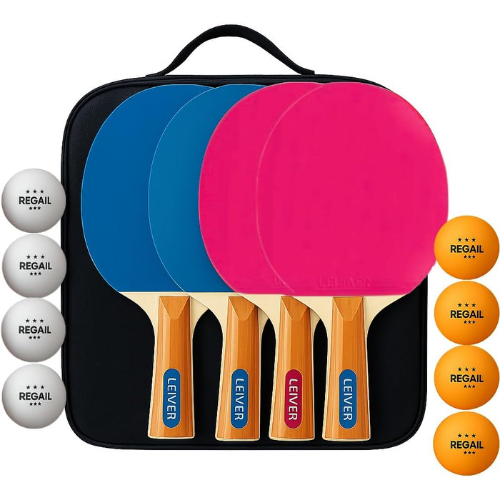 Набір для настільного тенісу Leijiaer: 4 преміум ракетки (2 сині, 2 рожеві), 8 м'ячів та сумка - професійні ракетки для гри в приміщенні та на вулиці, підійдуть дітям та дорослим
