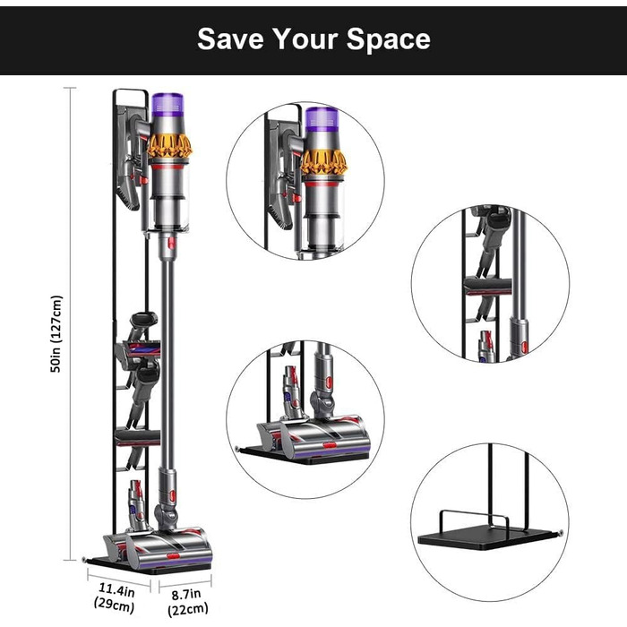 Підставка для пилососів Dyson Gen5 V15s, V15, V12 Slim, V11, V10, V8, V7, V6 - без свердління, на коліщатках, чорна