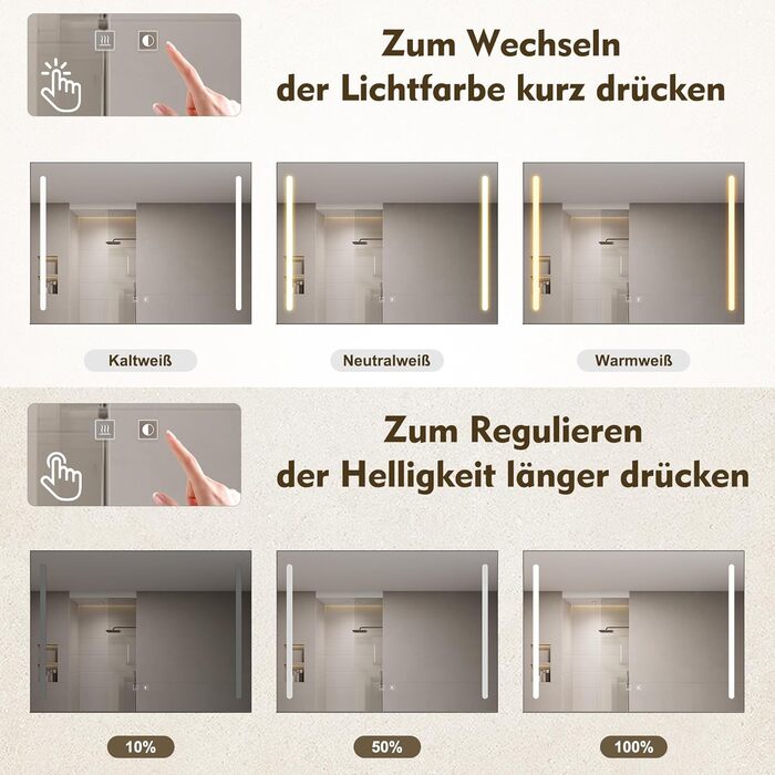 Дзеркало для ванної кімнати SONNI з підсвічуванням 60x40 см, LED, IP44, білий. Розміри: 70x50 см, темно-сірий, з боковим підсвічуванням