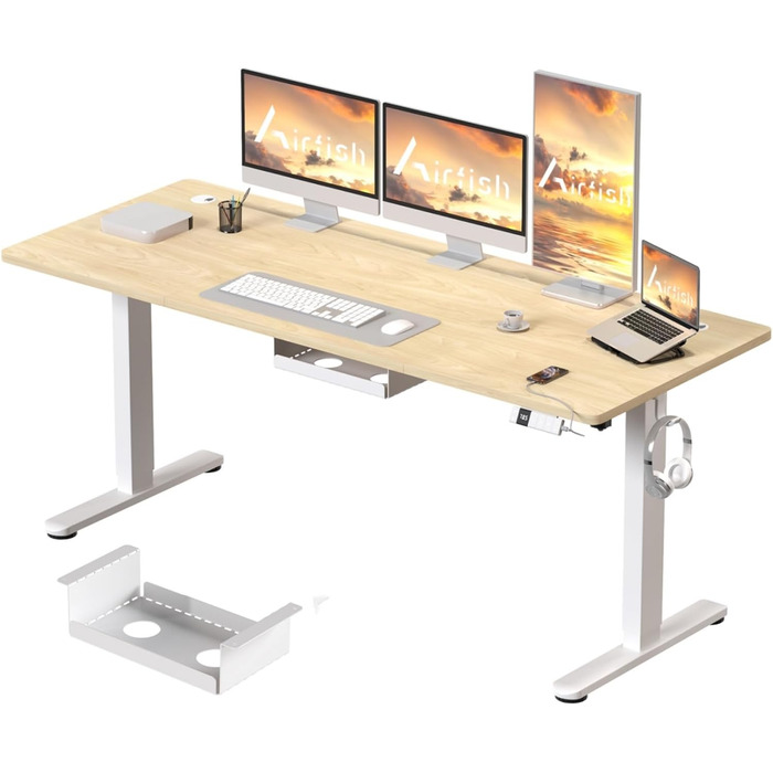 Електричний регульований стіл Airfish 160x80 см, бежевий, з USB-C зарядкою та керуванням кабелями, 3 положення пам'яті