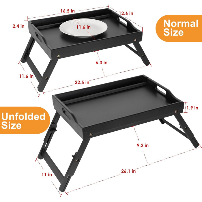 Бамбукове піднос-столик Greenual з ручками, складними ніжками, слотом для медіа, чорного кольору (2 шт.)