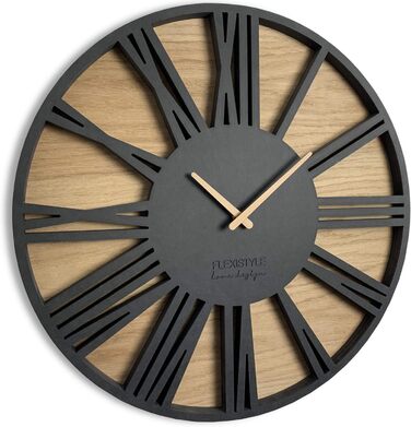 FLEXISTYLE Large Wall Clock Without Ticking Sounds, Wood Art Black, Living Room, Bedroom, Made in EU, z216-2 (50cm)