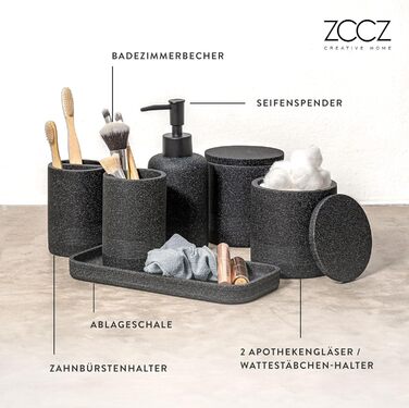 Набір для ванної кімнати ZCCZ 6 предметів: органайзер для зубних щіток, мильниці, косметики, ватних паличок в мармуровому стилі, чорний – сучасний декор для ванної