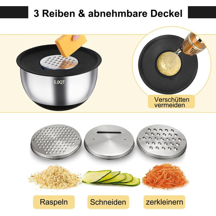 Mixing Bowl Set of 6, Stainless Steel Bowl Salad Bowl Set with Lid & Silicone Bottom, 3 Grater Attachments, 4.7l/3.8l/2.8l/1.9l/1.4l/0.6l, Non-Slip & Stackable - Black