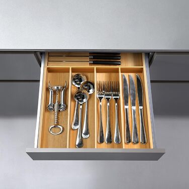 VaeFae Bamboo Cutlery Organizer, Utensil Holder for Drawer, Wooden Cutlery Tray with Divider for Kitchen, Cutlery Storage and Removable Knife Block