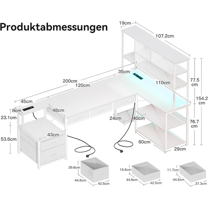 Комп'ютерний стіл Coleshome L-подібний з 5 шухлядами та 4 полицями, 180×100 см, з LED-підсвічуванням, розетками та USB, для дому/офісу, білий