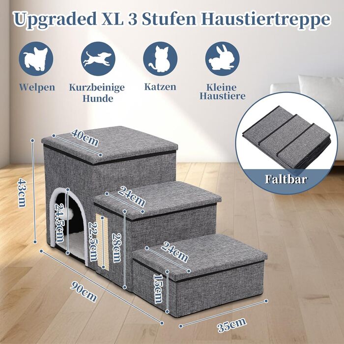 Сходинки для собак Upgrade XL, сірі, 90x35x43 см, 3 сходинки, для великих собак, котів, ліжка, дивана