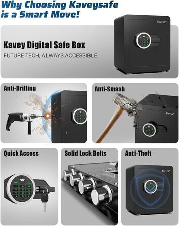 Сейф Kavey 42L з цифровим замком та подвійним сигналом тривоги, з LED-підсвіткою та висувним ящиком