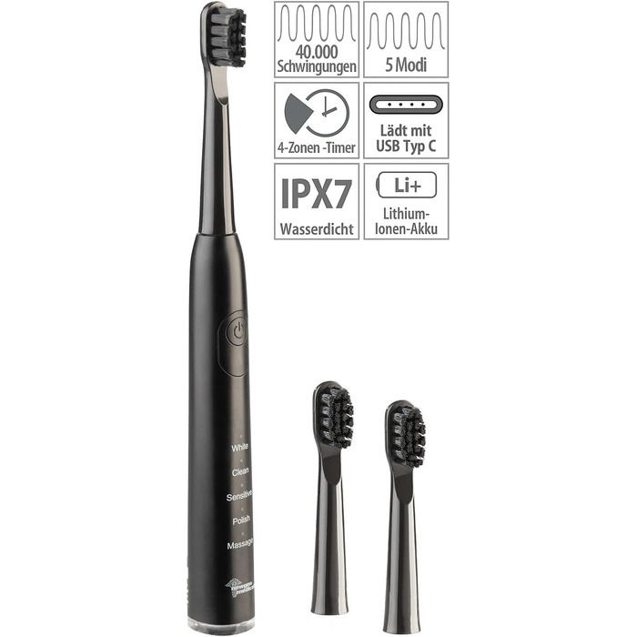 Електрична зубна щітка Newgen Medicals Akku Zahnbürste: USB акумуляторна звукова щітка 40.000 Гц, 5 режимів, таймер, IPX7 водонепроникна