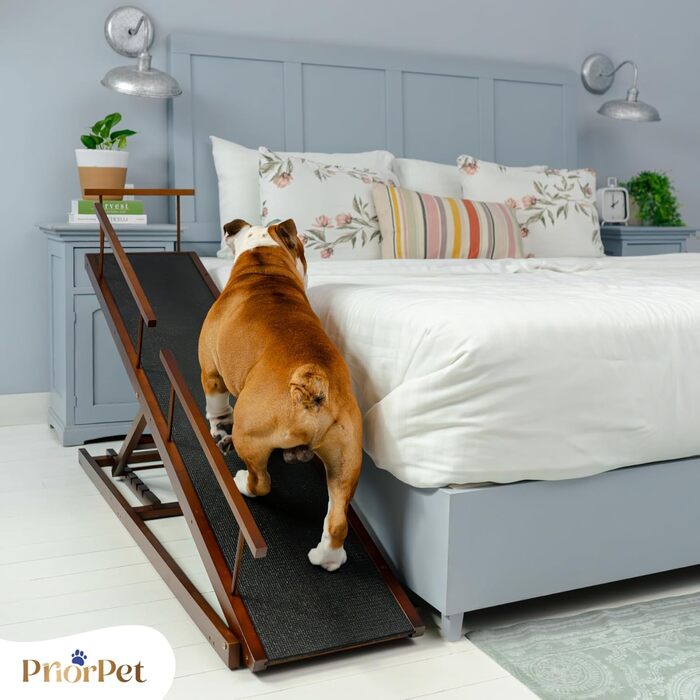 Сходинки для собак PRIORPET з натурального березового дерева з поручнями - регульована висота до 94.5 см - складаються - антиковзні ручки - для собак до 23 кг - колір Walnut