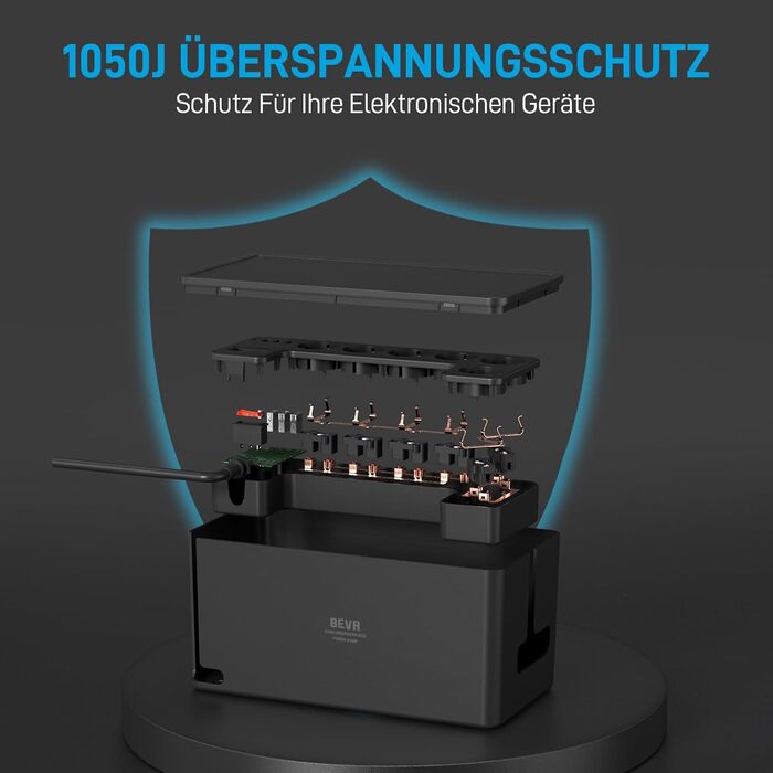 Блочок розеток BEVA з прихованими роз'ємами, 3680W/16A, захист від перенапруги 1050J, 2м кабель, 6 розеток + 3 USB-A + 1 USB-C (15W), з вимикачем, чорний