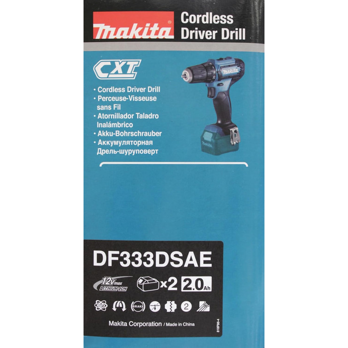 Акумуляторний дриль-шурупокрут Makita DF333DSAE 12V, 2.0Ah, 2 акумулятори + зарядний пристрій у транспортному кейсі, чорний/синій