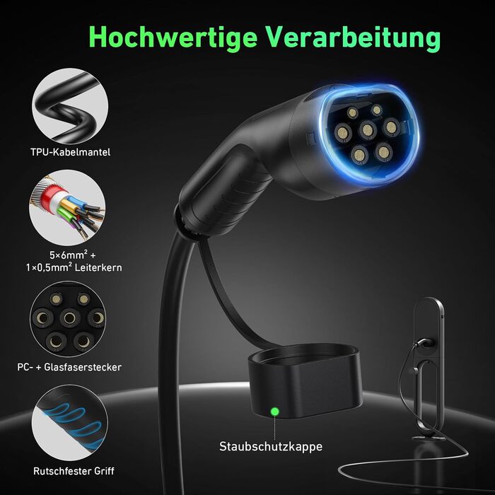 Кабель зарядки Type 2 (Mennekes) 11кВт, 5м, 16A, 3-фазний, IP67: для електромобілів, з сумкою. Підходить для Tesla Model S/3/X/Y, Volkswagen ID.3, ID.4